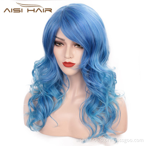 Aisi Hair Heat Resistant Synthetic Fiber Blue Wigs 24 Inch Cosplay Wigs Long Big Wave Cosplay Wigs for Women